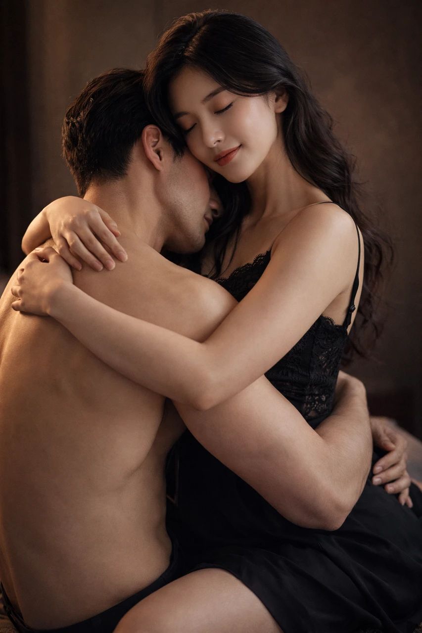 身穿黑色無袖蕾絲連身裙、留著黑色捲髮的女士擁抱著赤裸上身的肌肉男，照片在溫暖、親密的燈光下拍攝。