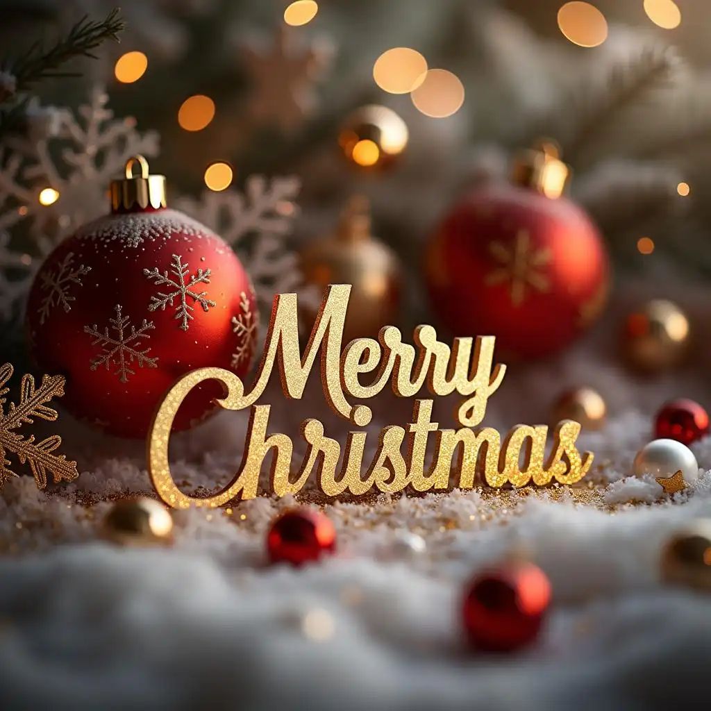 “Merry Christmas” is written in a delicate font, surrounded by snowflakes and decorations.