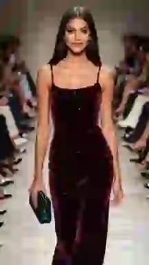 Modella in passerella con un abito di velluto bordeaux con corpetto di perline. Opzione vestiti per il cambio vestiti AI.