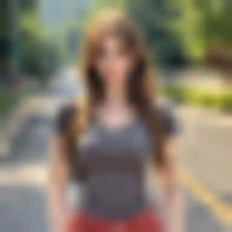 Una donna con un top grigio e pantaloni in denim rosa posa con sicurezza su una strada.