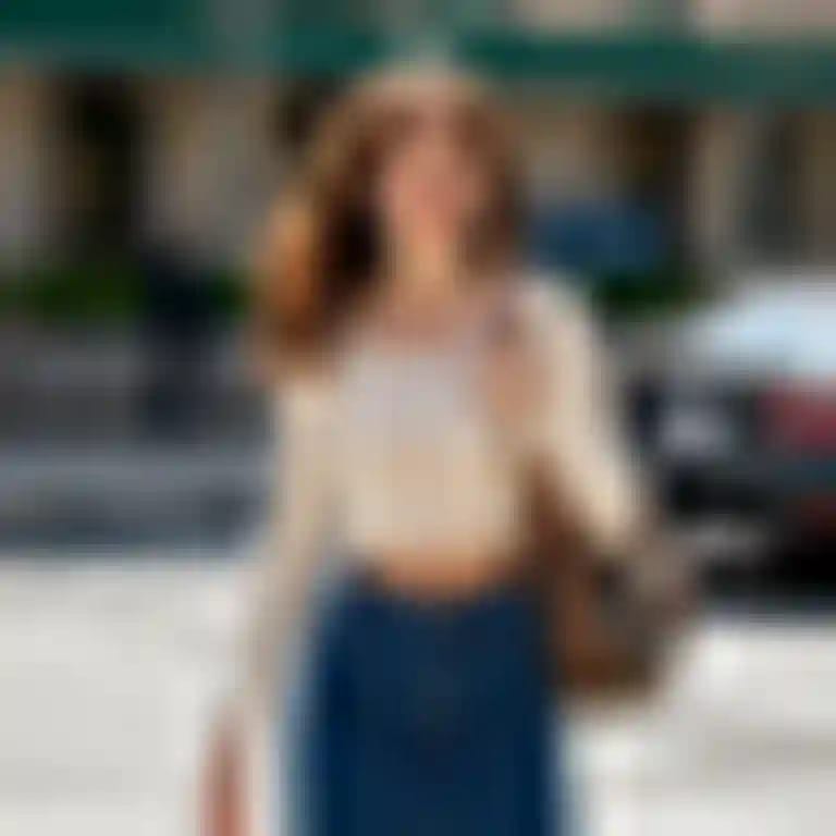 Una donna in top corto bianco a maniche lunghe e jeans cammina con sicurezza per strada.