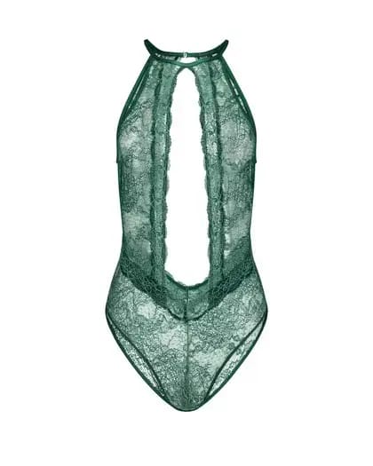 Bộ bodysuit thay đổi trang phục AI bằng ren ngọc lục bảo với đường viền cổ dây và thiết kế hở ngực