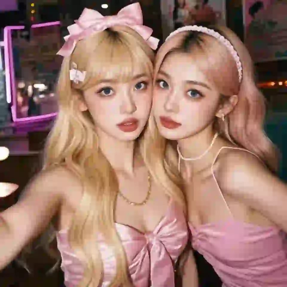 Selfie generada por IA de dos mujeres asiáticas rubias, ambas con vestidos rosas y diademas rosas.