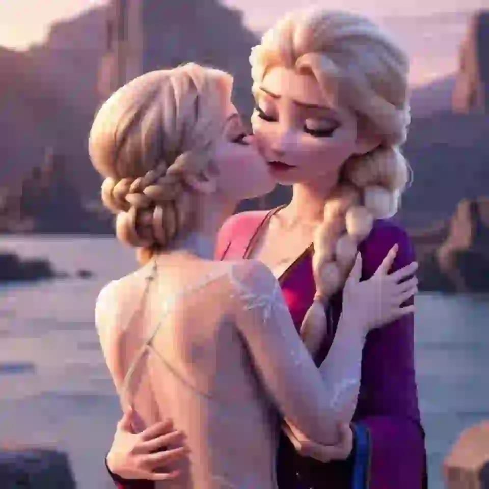 Göl kenarında öpüşen uzun sarı örgülü iki disney prensesinin yapay zeka tarafından oluşturulan görüntüsü.