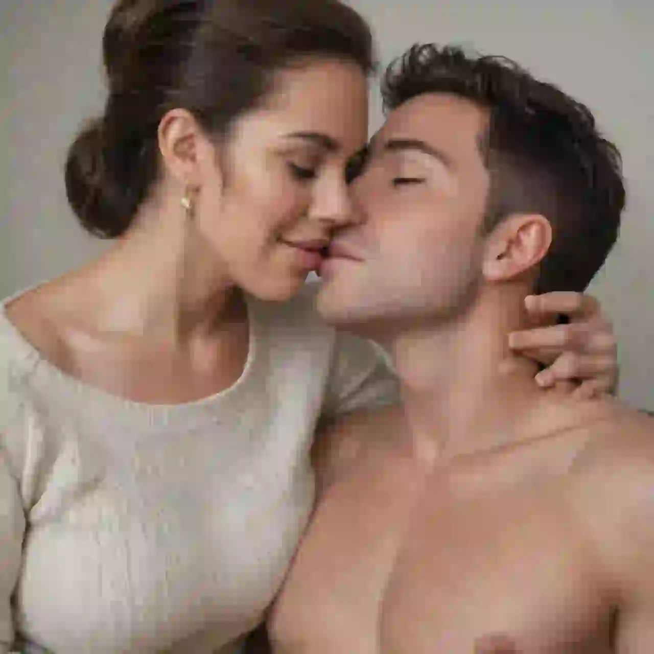 Birbirlerinin dudaklarını gagalayan sevgi dolu bir çiftin portresi, kadın bej bluzlu ve adamın boynunu avuçluyor, adam gömleksiz.