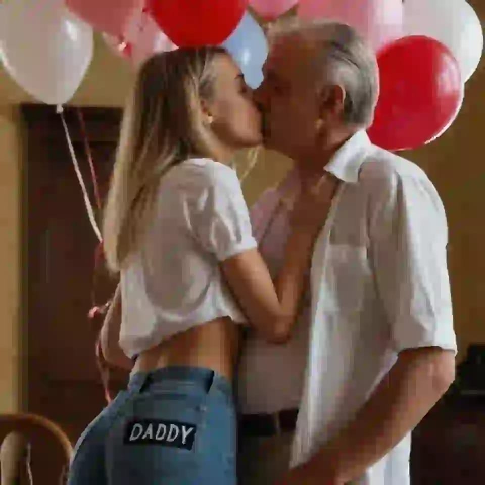 Sarışın genç bir kadının içeride yaşlı bir adamı öptüğü fotoğraf.