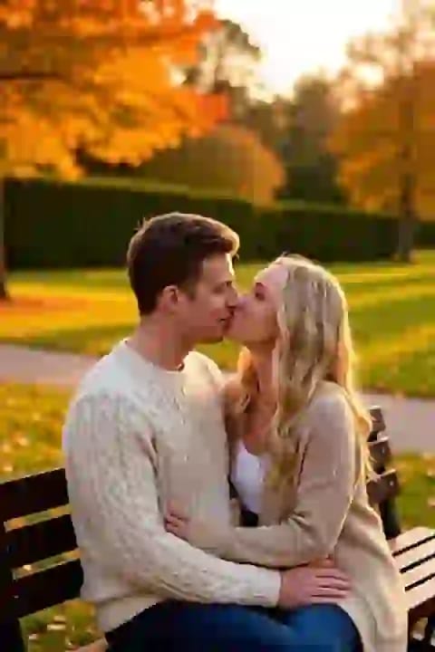 Couple kissing on wooden bench outdoors. Effect for AI kissing image generator.