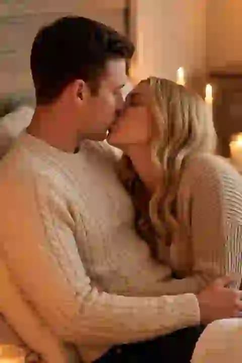 Couple embracing and kissing in cozy bedroom setting. Effect for AI kissing image generator.