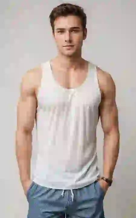 A muscular man in white tank top and blue shorts posing confidently. Model template for image and video generation.