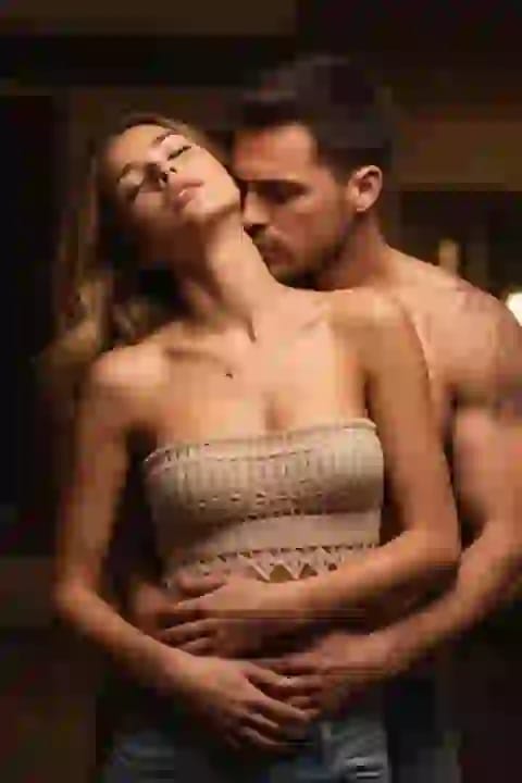 Man embracing woman from behind, kissing her neck. Effect for AI kissing image generator.