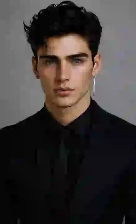A man in black suit is staring at the camera. Model template for image and video generation.