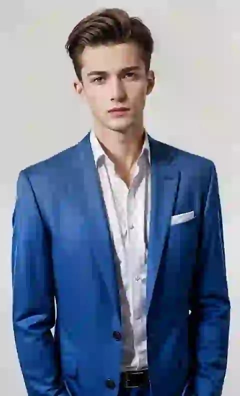 A man in blue suit and white shirt posing in front of the camera. Model template for image and video generation.