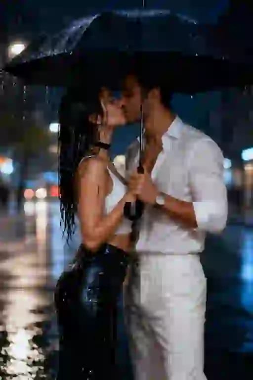 Couple kissing in rain under black umbrella at night. Effect for AI kissing image generator.
