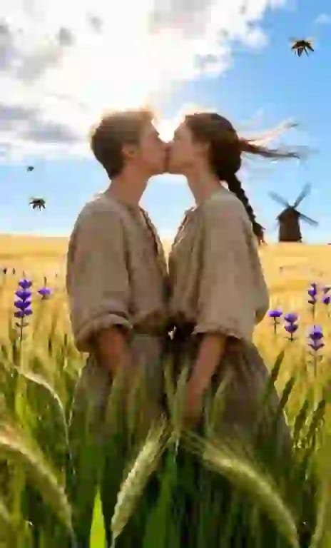 Couple kissing in sunny wheat field with purple wildflowers. Effect for AI kissing image generator.