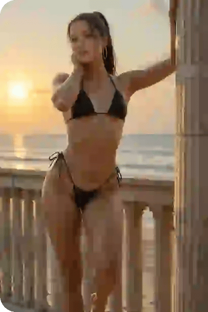 Eine Frau mit Pferdeschwanz im schwarzen Bikini posiert an einer Säule am Strand und zeigt den Effekt des KI-Aktgenerators.