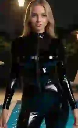검은색 라텍스 정장을 입은 금발 여성이 수영장 옆에서 포즈를 취하고 있습니다.