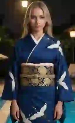 흰 학 문양의 남색 기모노와 금색 양단 오비를 입은 금발 여성이 수영장 옆에서 포즈를 취하고 있습니다. AI 이미지 생성기용 의류 옵션입니다.