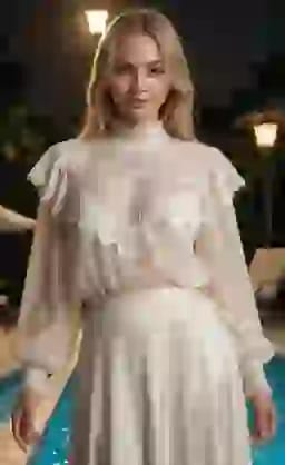 흰색 레이스 드레스를 입은 금발 여성이 수영장 옆에서 포즈를 취하고 있습니다.