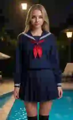 진한 파란색 세일러복을 입은 금발 여성이 수영장 옆에서 포즈를 취하고 있습니다.