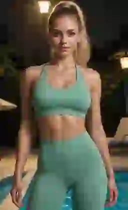 녹색 요가복을 입고 포니테일을 한 여성이 수영장 옆에서 포즈를 취하고 있습니다.