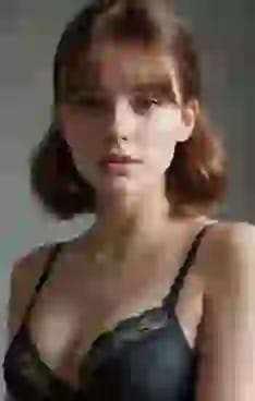 검은색 레이스 브라를 입은 보브헤어의 여성. AI 이미지 생성기의 헤어 스타일 옵션입니다.