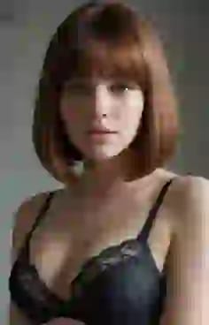 프렌치 보브 헤어에 블랙 레이스 브라를 입은 여성. AI 이미지 생성기의 헤어 스타일 옵션입니다.