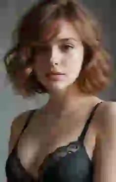 검은색 레이스 브라를 입은 프렌치 짧은 머리의 여성. AI 이미지 생성기의 헤어 스타일 옵션입니다.
