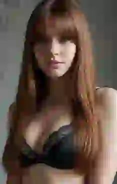 검은색 레이스 브라를 입은 긴 생머리의 여성. AI 이미지 생성기의 헤어 스타일 옵션입니다.