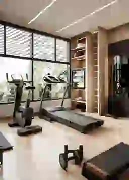 탁 트인 창문과 회색 산업 디자인을 갖춘 AI 생성 럭셔리 부티크 체육관 인테리어.