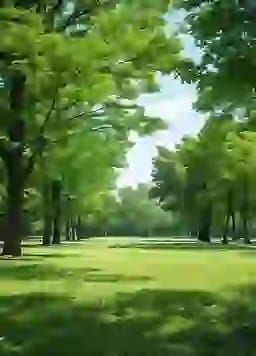 푸른 나무와 넓은 잔디밭이 있는 햇볕이 잘 드는 공원입니다. AI 이미지 생성기의 장면 옵션입니다.
