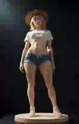 챙이 넓은 모자, 매듭이 있는 크롭 탑, 데님 반바지, 부츠를 신고 어두운 배경을 배경으로 원형 받침대 위에 서 있는 여성의 전신 3D 렌더링 그림입니다. AI 이미지 생성기의 스타일 옵션입니다.