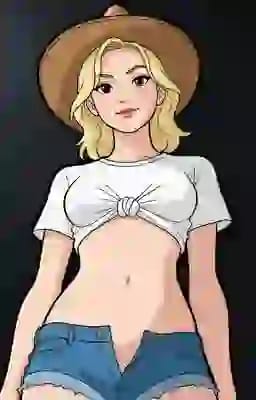 챙이 넓은 모자, 매듭이 있는 흰색 크롭 탑, 데님 반바지를 입은 여성이 어두운 배경을 배경으로 낮은 각도에서 촬영되었습니다. 만화 스타일. AI 이미지 생성기의 스타일 옵션입니다.