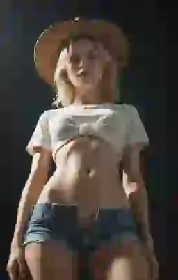 챙이 넓은 모자, 매듭이 있는 흰색 크롭 탑, 데님 반바지를 입은 여성이 어두운 배경을 배경으로 낮은 각도에서 촬영되었습니다. 폴라로이드 스타일. AI 이미지 생성기의 스타일 옵션입니다.