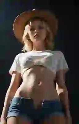 챙이 넓은 모자, 매듭이 있는 흰색 크롭 탑, 데님 반바지를 입은 여성이 어두운 배경을 배경으로 낮은 각도에서 촬영되었습니다. 사실적인 스타일. AI 이미지 생성기의 스타일 옵션입니다.