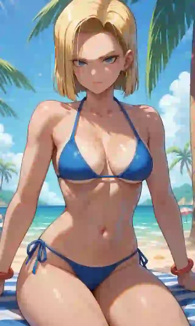 Styl Dragon Ball, postać kobieca z anime z blond włosami w niebieskim bikini, pozująca na plaży z zdecydowanym wyrazem twarzy.