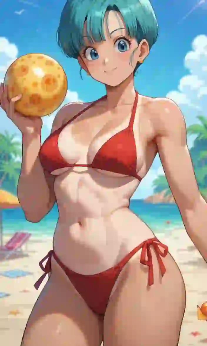 Styl Dragon Ball, postać kobieca z anime z niebieskimi krótkimi włosami w czerwonym bikini, pozująca z pomarańczową kulą w dłoni.