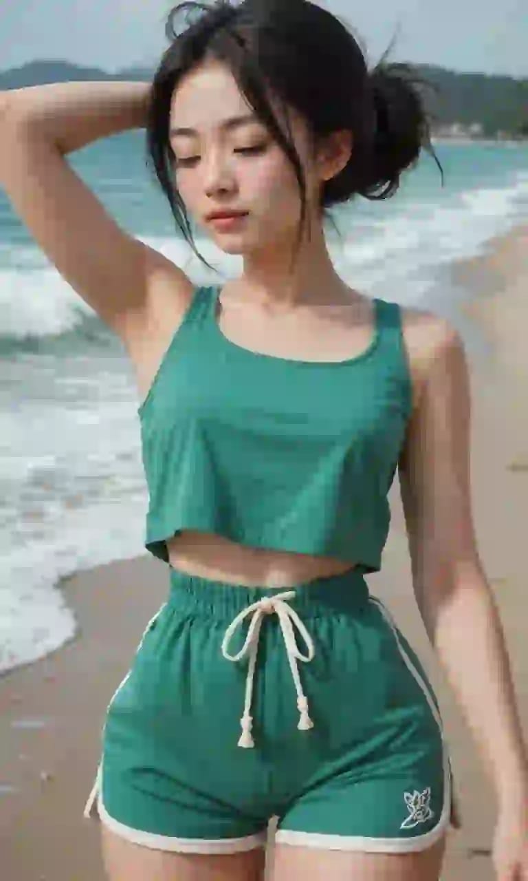 Asiatisk kvinne i grønn tanktopp og grønne shorts poserer på stranden. Mal for AI Image to Video Generator.