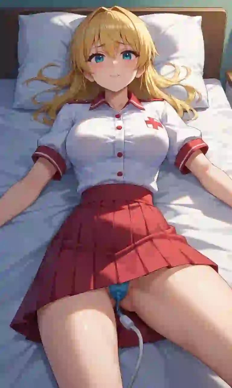 Wygenerowany przez sztuczną inteligencję obraz anime przedstawiający blondynkę w mundurze pielęgniarki i czerwonej plisowanej spódnicy, leżącą na szpitalnym łóżku