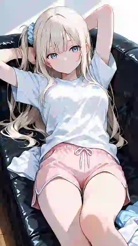 Wygenerowany przez sztuczną inteligencję obraz anime przedstawiający blondynkę z podwójnymi włosami w zwykłym białym t-shircie i różowych spodenkach siedzącą na sofie