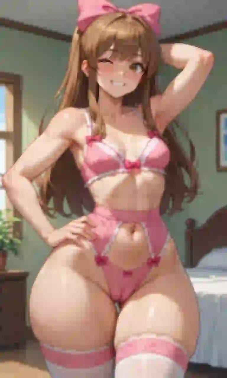 Wygenerowany przez sztuczną inteligencję obraz anime przedstawiający brązowowłosą kobietę z różową kokardą, ubraną w pasującą różową bieliznę i białe pończochy w sypialni