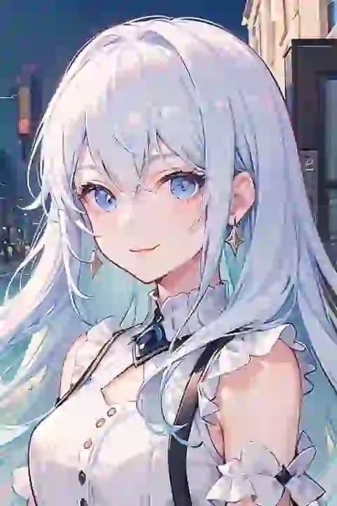 Wygenerowany przez sztuczną inteligencję portret anime kobiety z długimi srebrzystobiałymi włosami w białym stroju z falbankami i delikatnym oświetleniem