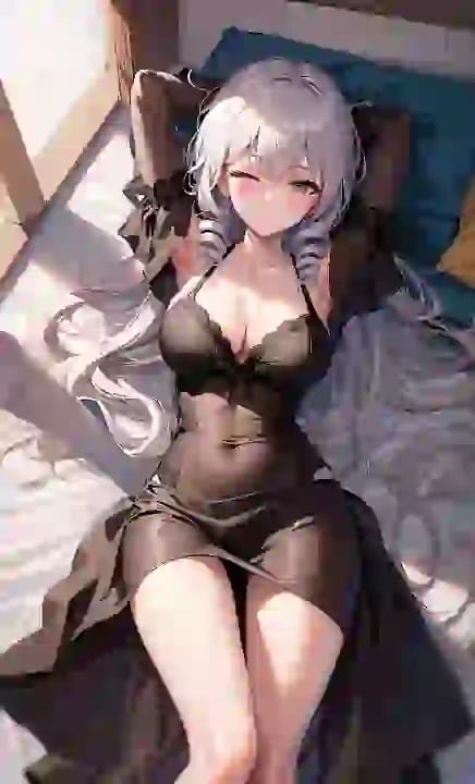 Wygenerowany przez sztuczną inteligencję obraz anime przedstawiający srebrnowłosą kobietę w ciemnym stroju leżącą na łóżku w nasłonecznionym pokoju