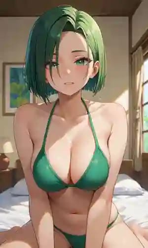 Postać kobieca z anime w zielonym bikini z zielonymi włosami siedzi na łóżku.