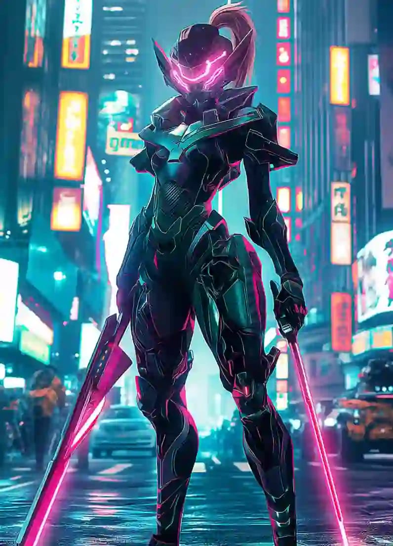 Una bella donna si trova in una città futuristica con luci al neon, indossa attrezzature high-tech ed è circondata da oggetti digitali avanzati.