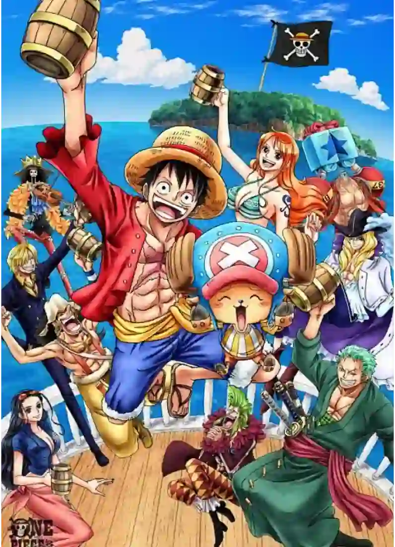 Rufy dell'anime One Piece, indossa il suo cappello di paglia e sorride ampiamente, lanciando con entusiasmo un segno di pace, irradiando uno spirito divertente e avventuroso.