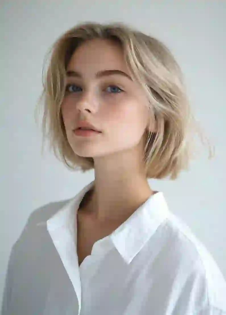 Un ritratto fotorealistico di una donna con i capelli ricci dorati, la sua pelle liscia chiaramente visibile sotto la luce del sole splendente.