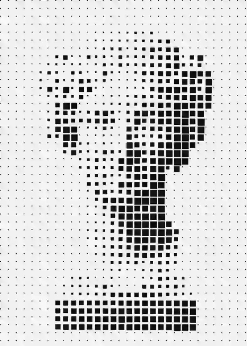 Una pixel art in bianco e nero di Marilyn Monroe, creata utilizzando piccoli punti, che ricordano un design pixel art della vecchia scuola.
