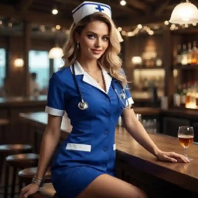 Una donna bionda in abito da infermiera blu navy posa in modo seducente in un bar.