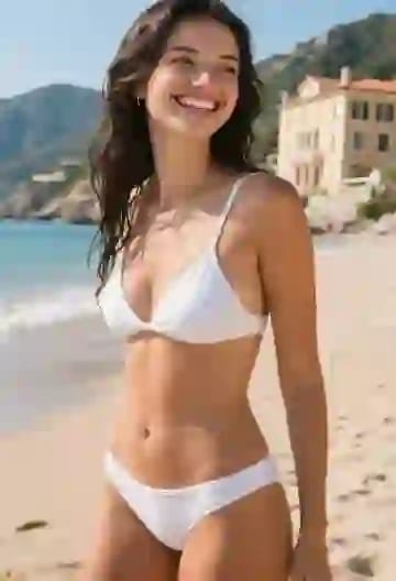 A woman with damp hair in white bikini standing by the sea, gazing off the camera, smiling cheerfully.