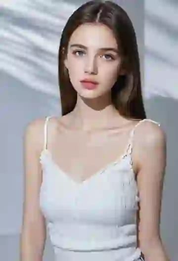 Portrait of a woman with straight dark hair wearing a white tank top, posing in a white studio with soft light and shadow in the background.
